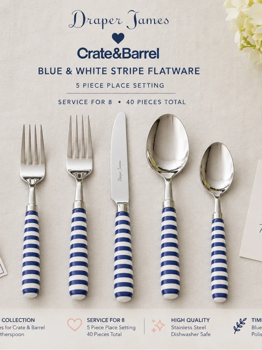 Draper James x Crate & Barrel Blue White Stripe Flatware Set Service for 8 NIB